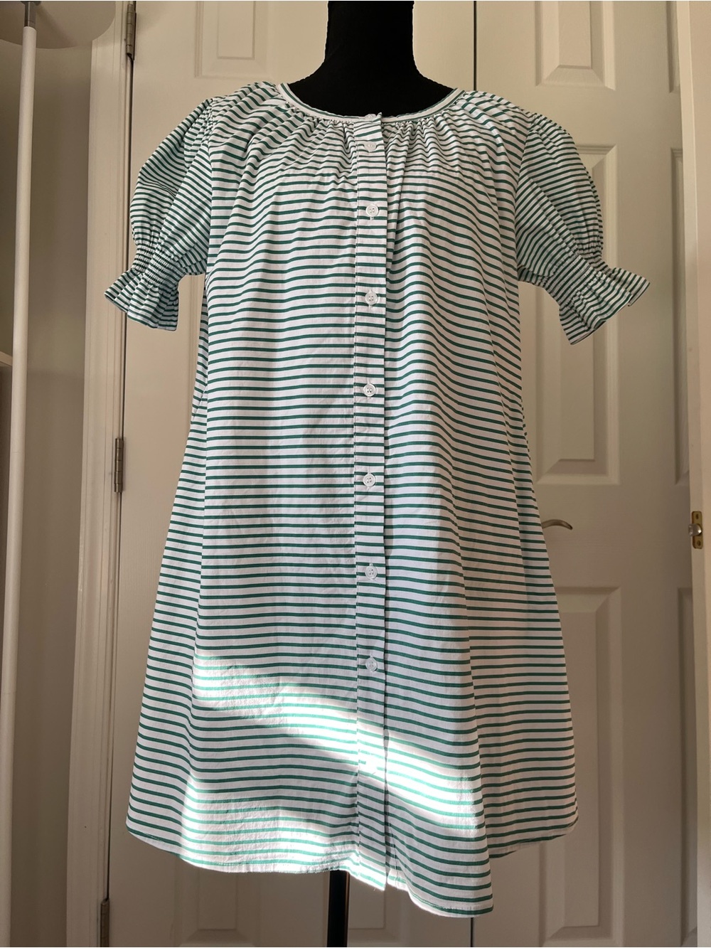Addison Bay White and Green Striped Button-Front Dress Sz S EUC